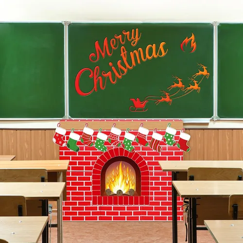 Miniatura 6 de Fullhawl 47 chimeneas de cartón de Navidad 3D de 39 x 35 pulgadas, chimenea artificial de Navidad con media llama de fuego, guirnalda de grano