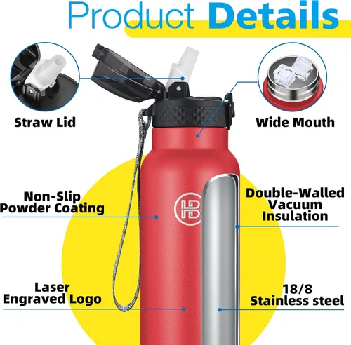 Miniatura 5 de Han's Bottle Botella deportiva de agua de 32 oz, tapa con popote, a prueba de fugas, de acero inoxidable con aislamiento al vacío, de doble pared