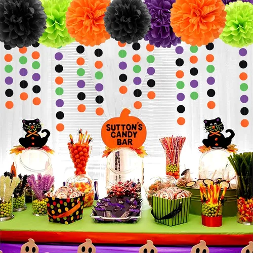 Miniatura 7 de Decoraciones de Fiesta de Halloween Negro-Morado Naranja Verde - 30 piezas Pompones de Papel Tissue, Serpentinas, Guirnalda de Borlas, Pancarta
