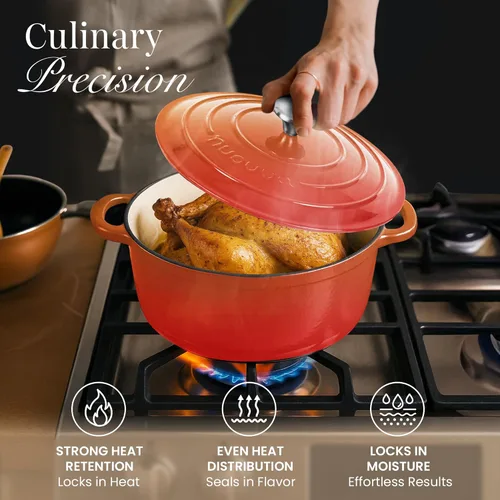 Miniatura 7 de Nuovva Olla Holandesa de Hierro Fundido Esmaltado con Tapa – Cazuela Antiadherente de 6.4 Cuartos – Resistente y Apta para Horno hasta 500°F