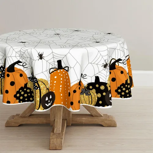 Miniatura 9 de Horaldaily Mantel rectangular de Halloween de 52 x 70 pulgadas, diseño de telaraña de calabaza con temática de miedo, color negro, lavable