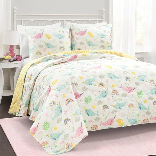 Lush Decor Juego de edredón reversible de Narwhal mágico tamaño individual, juego de 2 piezas, color blanco y multicolor, juego de ropa de cama para