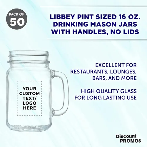 Miniatura 3 de DISCOUNT PROMOS Libbey Mason frascos personalizados con asas, 16 onzas, juego de 50, paquete personalizado a granel, estilo tradicional, alto