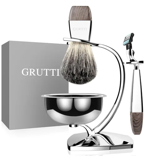 Kit de afeitado de seguridad de lujo GRUTTI para hombres, con tazón de afeitar, cepillo, soporte para rasuradora y rasuradora de seguridad manual,