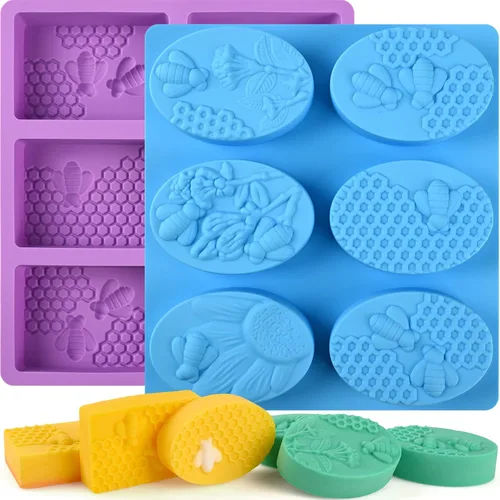 Sakolla 2 paquetes de moldes de jabón de silicona para abejas de 6 cavidades, moldes de silicona de panal de abeja rectangulares y ovalados, moldes