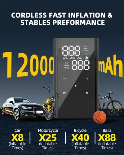 Miniatura 4 de Inflador de Neumáticos Compresor de Aire Portátil, Bomba de Aire Eléctrica Inalámbrica 4 Veces Más Rápida para Neumáticos de Coche con Medidor