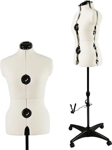 Maniquí de vestido de falda ajustable beige para coser mujeres tallas 6-14, cuerpo de modelo con 13 diales, ruedas desmontables, rango de altura de