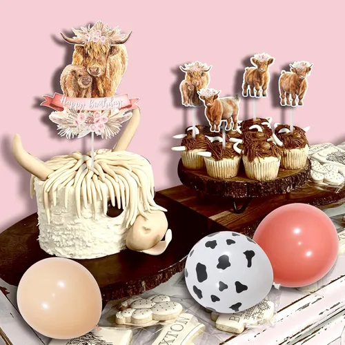Miniatura 4 de Decoraciones de cumpleaños de vaca de las montañas para niña, suministros de fiesta floral retro bohemia, pancarta de feliz cumpleaños, guirnalda