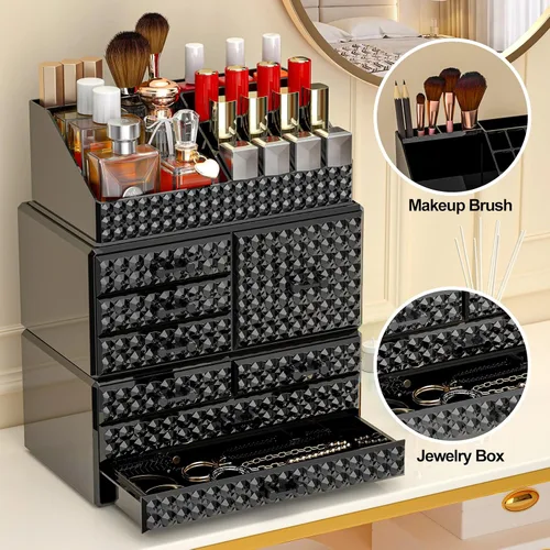 Miniatura 6 de Paquete de 3 organizadores de maquillaje apilables [actualizados], estuches de almacenamiento de cosméticos acrílicos con 8 cajones organizadores