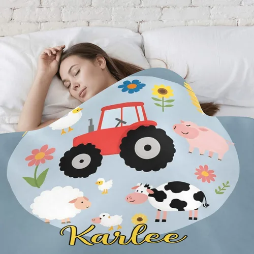 Miniatura 4 de Manta de bebé personalizada con diseño de tractor de animales de granja con nombre, manta de forro polar suave para niñas, niños, recién nacidos