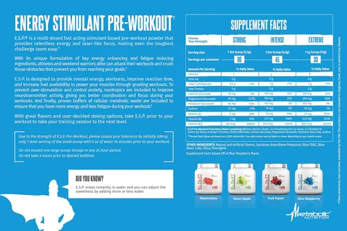 Miniatura 5 de Suplemento de nutrición metabólica ESP. Suplemento energizante y estimulador de la resistencia de preentrenamiento. Mayor energía y concentración