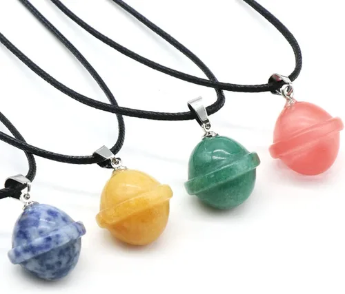 Collar con colgante de piedra natural, ópalo de cuarzo rosa, globo OVNI Reiki, cristales de reiki, collares de cuerda larga para mujeres, joyería y