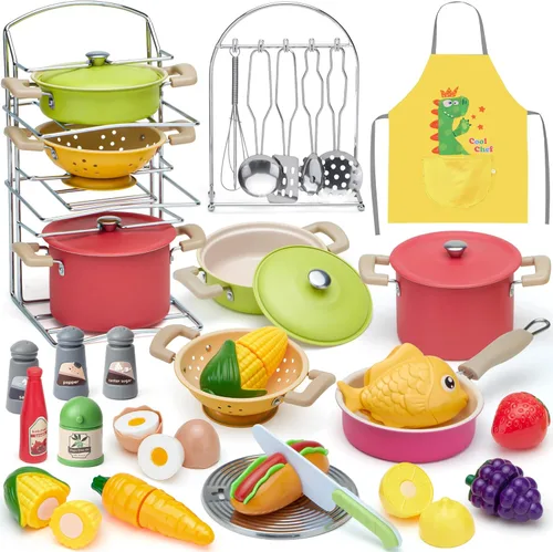Golray Juego de accesorios de cocina, juego de cocina para niños con ollas y sartenes, utensilios de cocina, juguetes, organizador, juego de comida