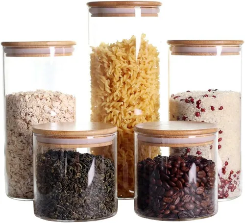 LEAVES AND TREES Y Juego de recipientes de cocina apilables, paquete de 5 tarros de vidrio transparente para almacenamiento de alimentos con tapa