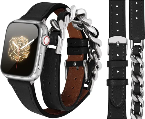 HANDODO Correa italiana de cuero genuino para mujer con cadena de acero inoxidable compatible con Apple Watch Ultra 2 Ultra 2 Ultra Series 10 9 8 7