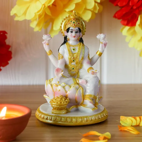 Miniatura 3 de alikiki Figura de meditación de la diosa india Lakshmi, 5.7 pulgadas de alto, aspecto de mármol, Murti Laxmi ídolo, estatua para el hogar, oficina