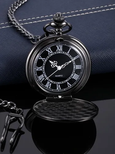 Miniatura 4 de Reloj de bolsillo de cuarzo para hombre con esfera negra y cadena