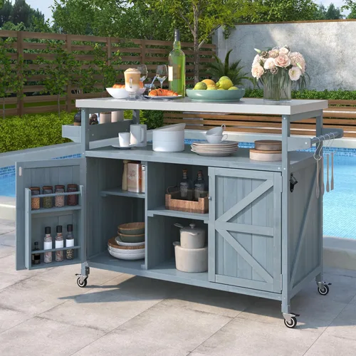 Miniatura 16 de Delicate Rolling Kitchen Island Cart with Rubber Wood Drop-Leaf Countertop and Lockable Rollers,Storage Cabinet and 2 Drawers,Sliding Barn Door