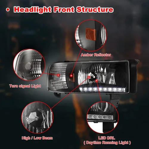 Miniatura 4 de Nixon Offroad Faros delanteros para Dodge Ram 1500 2500 3500 1994-2002 Conjunto de faros LED Proyector DRL de repuesto Luces de señal de giro Luces
