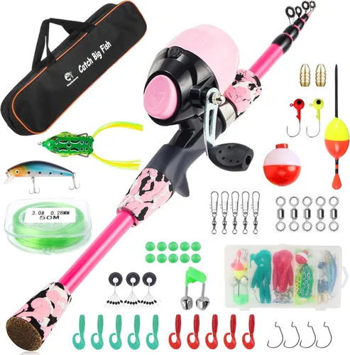 Miniatura 13 de Juego de caña de pescar para niños, caña de pescar telescópica portátil y carrete combo completo para niños, niñas, principiantes, jóvenes Naranja