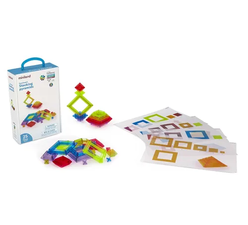Miniland Pirámides apilables translúcidas. Juguete educativo para niños de 3 a 6 años. Viene con 25 piezas y 4 hojas de actividades transparentes