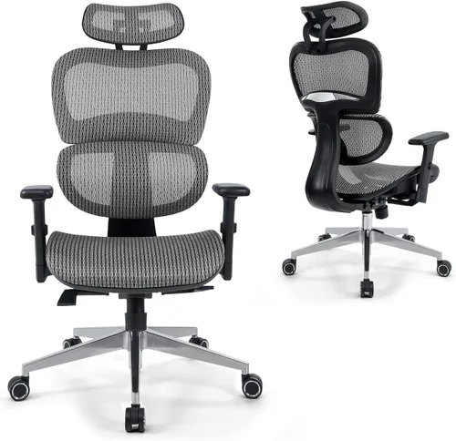 Miniatura 11 de CAPHAUS Silla de oficina ergonómica abatible, silla de escritorio acolchada de malla transpirable, soporte lumbar, silla giratoria con ruedas, Blanco