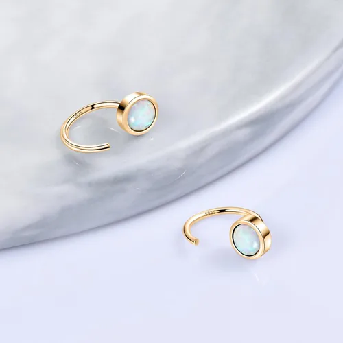 Miniatura 5 de Aretes de aro de plata de ley 925 con piedras preciosas sintéticas, ópalo, turquesa, piedra lunar, circonita cúbica, para mujer, diseño minimalista