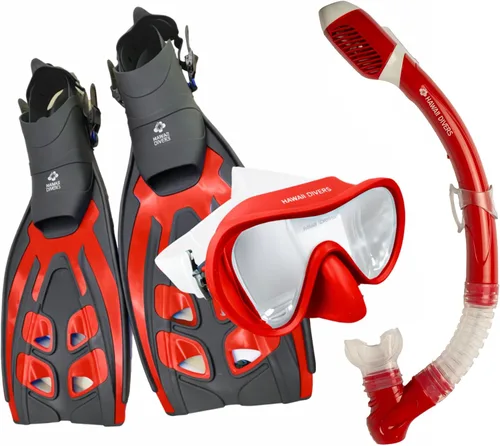 Hawaii Divers Deep Sea Adult - Snorkeling Set, Tempered Glass Snorkel Mask, Dry-Top Snorkel Gear, Adjustable Fins