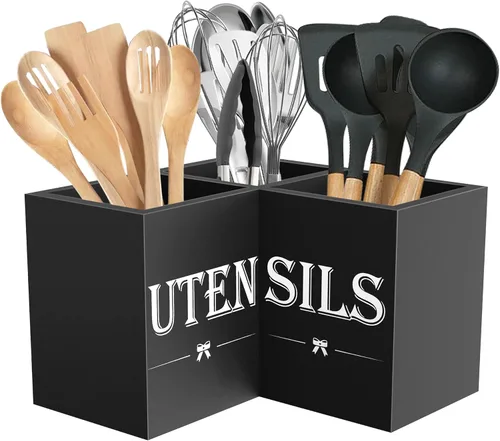 Suli Soporte extra grande para utensilios de cocina con 3 compartimentos, organizador de utensilios de esquina para encimera, organizador de Negro