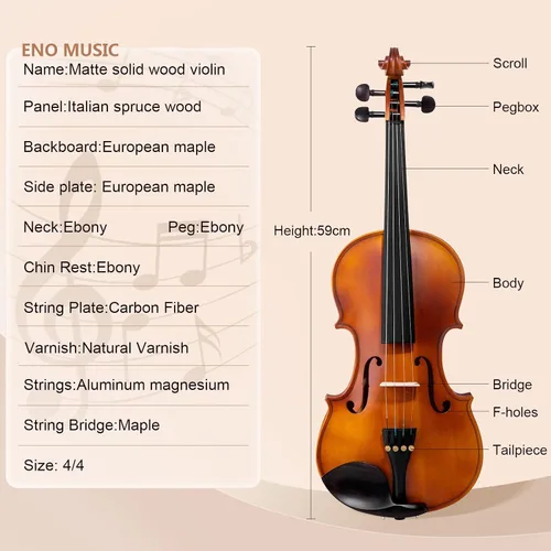 Miniatura 2 de ENO MUSIC Kit de violín de tamaño completo 4/4 para principiantes y adultos con arco de colofonia y estuche rígido, todos los accesorios