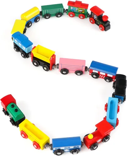 Miniatura 8 de 31 piezas de vagones de tren de madera - Juego de tren magnético incluye 15 vagones, 10 conectores de bonificación y bolsa de almacenamiento, juego