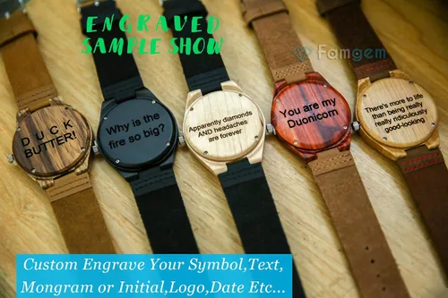 Miniatura 7 de Famgem - Reloj de pulsera para hombre con grabado de madera, correa de cuero personalizada, correa de cuero
