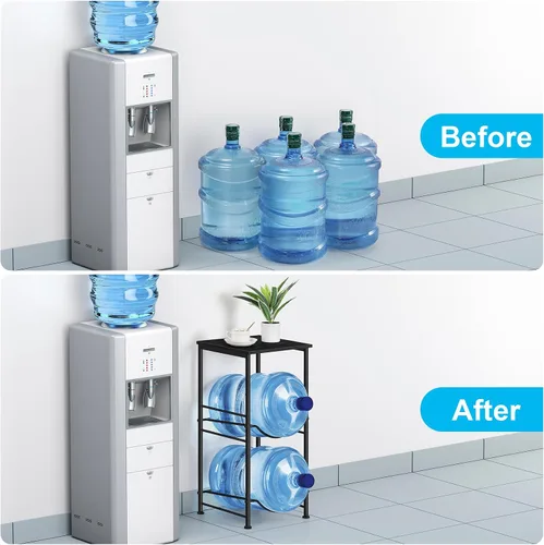 Miniatura 5 de Organizador para botellas de agua de 5 galones, soporte para jarra de agua con estantes superiores, estante de almacenamiento de jarra de 2 niveles