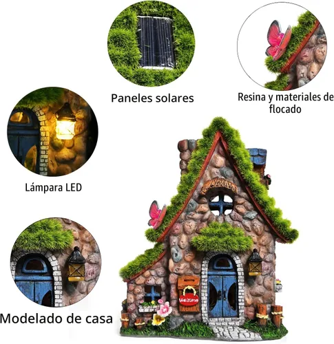 Miniatura 3 de Estatuas de casa de hadas de resina ASAWASA con luces solares, esculturas de jardín divertidas con decoración flocada y adoquinada, exquisitas