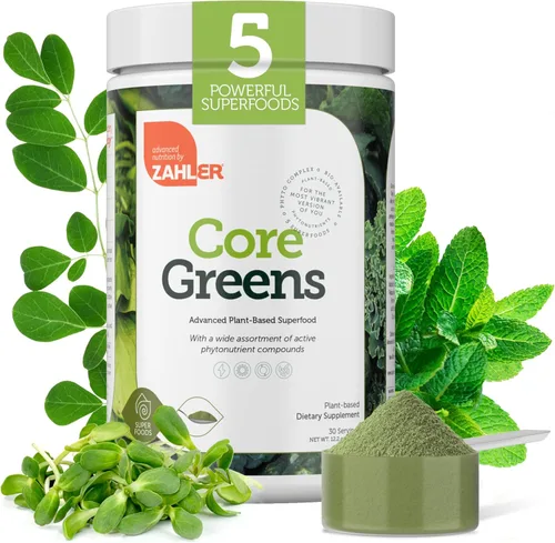Zahler Core Greens - Suplementos nutricionales en polvo, superalimento en polvo, mezcla de jugos y batidos súper verdes, ricos en fitonutrientes con