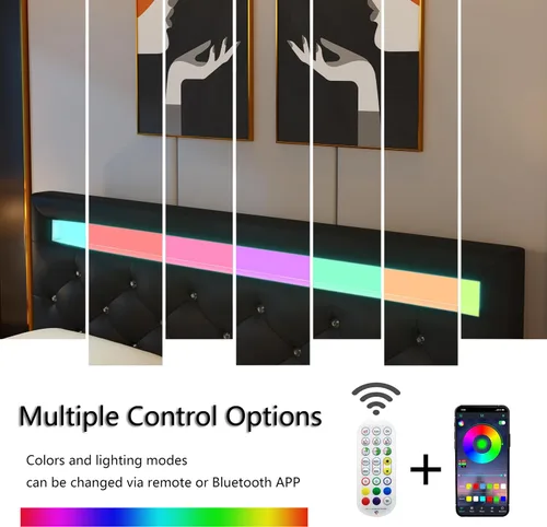 Miniatura 4 de TTVIEW Base de cama Queen con luces LED, marco de cama de plataforma de cuero con cabecera tapizada ajustable, luces LED de control de aplicación