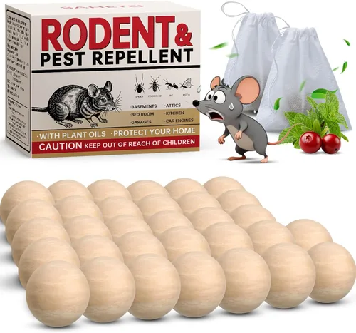 Repelente de ratones, 33 bolas, repelente de roedores de menta para uso en interiores y exteriores, disuasorio seguro de ratones de larga duración,