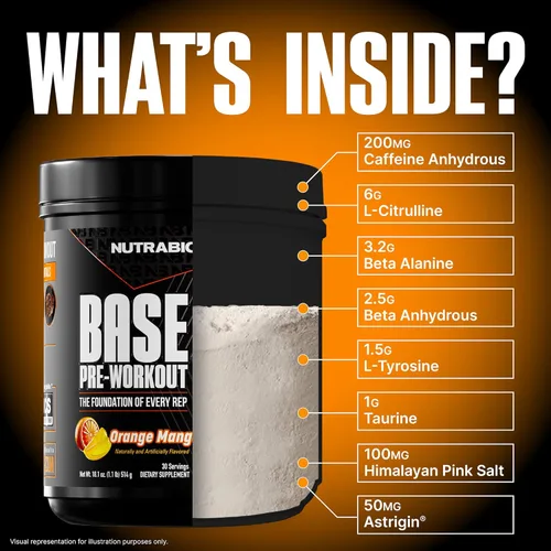 Miniatura 2 de NutraBio Base Pre-Entrenamiento Polvo 200mg Cafeína, Energía Sostenible, Enfoque, Resistencia, Bomba, Sin Azúcar Preentrenamiento Limpio