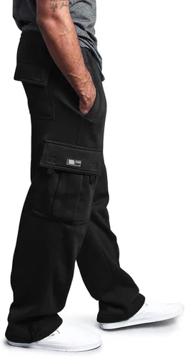 Pantalones deportivos tipo cargo de forro polar pesado para hombre, cintura elástica, cordón ajustable, ajuste holgado, con bolsillos