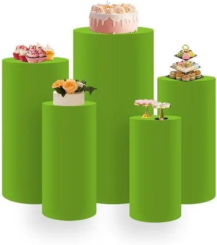 Miniatura 2 de 5 soportes de exhibición de pedestal cilíndrico verde hierba para fiestas de cumpleaños, fundas de mesa de tela elástica para cubierta de zócalo