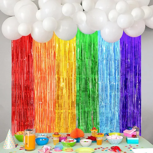 Miniatura 5 de Juego de 2 cortinas de serpentinas arcoíris gruesas, 3.2 x 8.2 pies, para decoraciones de cumpleaños de arcoíris, cortinas de fondo con oropel
