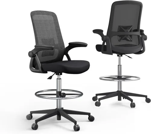 Silla de dibujo, silla de oficina alta con soporte lumbar, silla de oficina alta con reposabrazos abatibles, silla de escritorio de pie con anillo