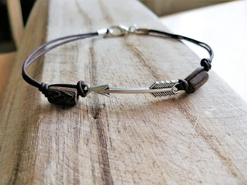 Miniatura 2 de Tobillera de flecha para mujer, pulsera de tobillo de cuero natural con cuentas de madera
