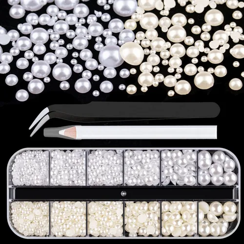 Miniatura 8 de Kit de 2700 perlas con parte trasera plana, 1 caja de color blanco con parte trasera plana + 1 caja de perlas pequeñas de color beige medio redondo