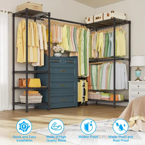 Miniatura 5 de ULIFHOME E10L - Perchero en forma de L para esquina (con barra de suspensión expandible), resistente y independiente para colgar ropa, perchero