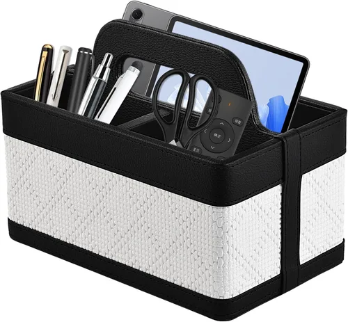 Organizador de Escritorio Caddy con Asa - Soporte Portátil de Cuero PU para Control Remoto - Bolsa de Almacenamiento Tote para Mesita de Noche y
