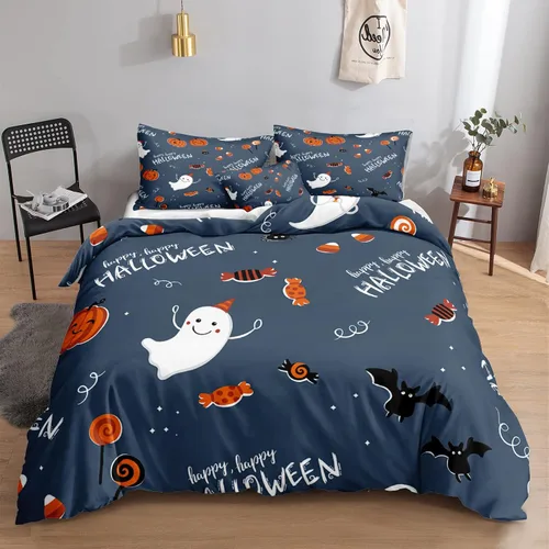 Miniatura 18 de Juego de funda de edredón de calabaza para Halloween, divertido diseño de calabaza malvada, color negro, juego de ropa de cama Tiwn 1 funda