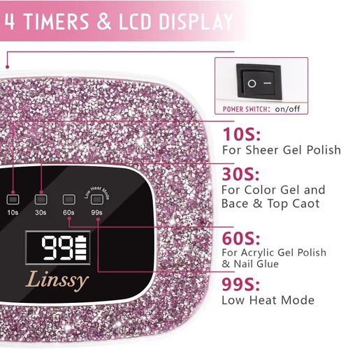 Miniatura 3 de Linssy Lámpara de uñas recargable UV/LED con sensor automático, luz de secado de uñas de gel inalámbrica portátil, 4 tiempos y pantalla LCD