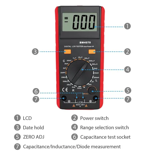 Miniatura 4 de CAMWAY LCR Medidor LCD Capacitancia Inductancia Probador Medidor de medición Autodescarga pF nF μF con pantalla de sobrerango