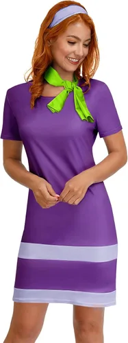 Miniatura 3 de For G and PL Disfraz de Halloween de manga corta para mujer, minivestido morado con bufanda y diadema